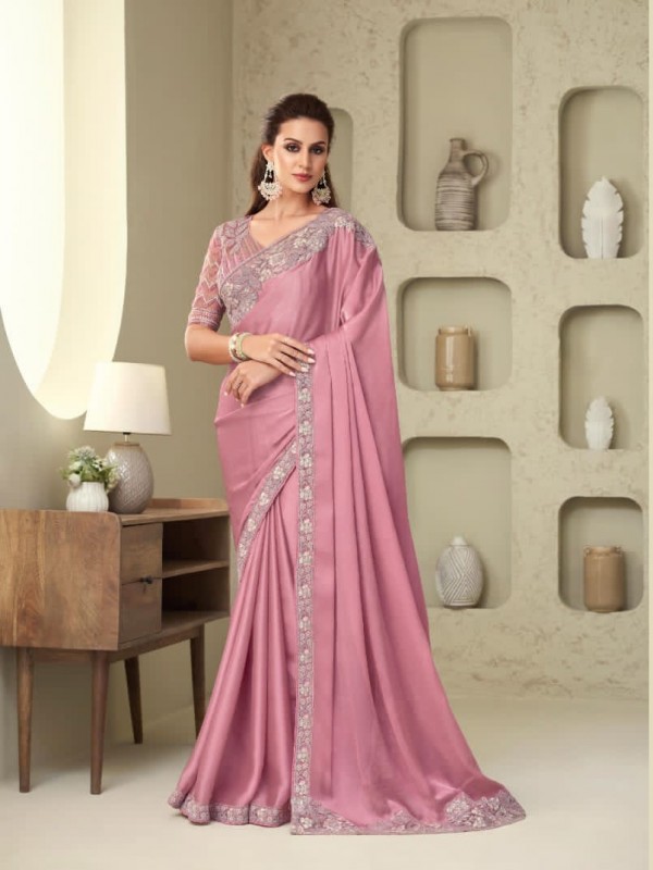 Soft Silk  Saree Pink Color With Embroidery Work