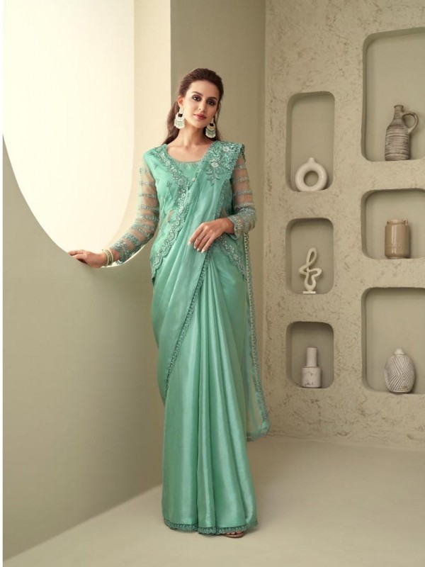 Soft Silk  Saree Sea Green Color With Embroidery Work