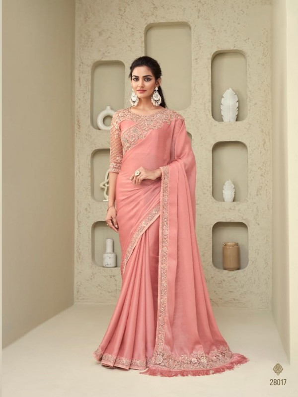 Soft Silk  Saree Peach Color With Embroidery Work