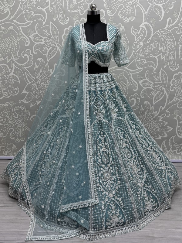 Soft Premium Net Fabric Wedding Wear Lehenga In Sky Blue Color With Embroidery Work