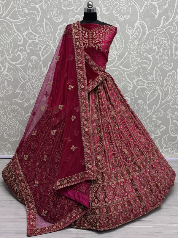 Pure Micro Velvet Wedding Wear Lehenga In Raspberry Color With Embroidery Work