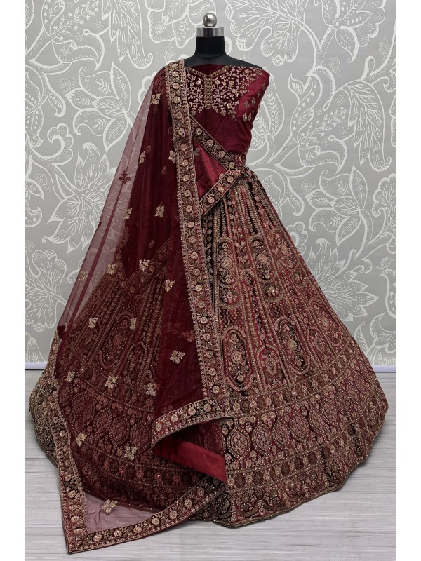 Pure Micro Velvet Wedding Wear Lehenga In Maroon Color With Embroidery Work