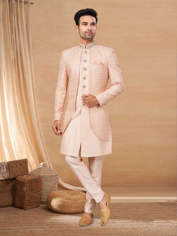 Pure Art Silk IndoWestern Ready Made Dress in Peach Color with Embroidery work 