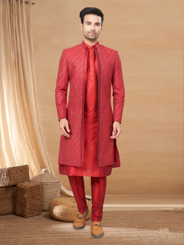 Pure Art Silk IndoWestern Ready Made Dress in Maroon Color with Embroidery work 