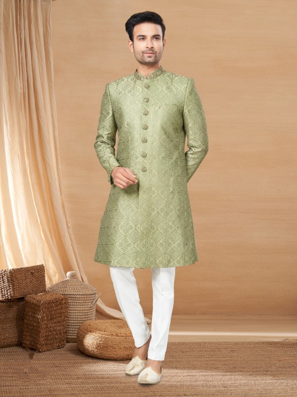 Lucknowi IndoWestern Ready Made Dress in Mahendi Green Color with Embroidery work 