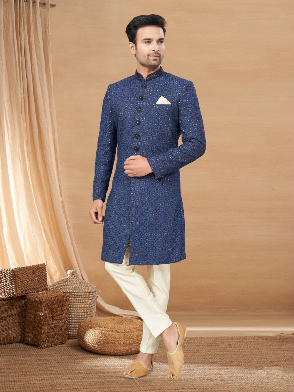 Lucknowi IndoWestern Ready Made Dress in Navy Blue Color with Embroidery work 