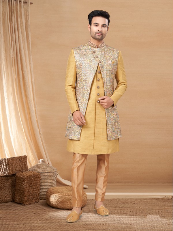 Pure Art Silk IndoWestern Ready Made Dress in Gold Color with Embroidery work 