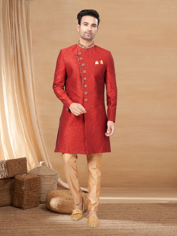 Jacquard IndoWestern Ready Made Dress in Maroon Color with Handwork 