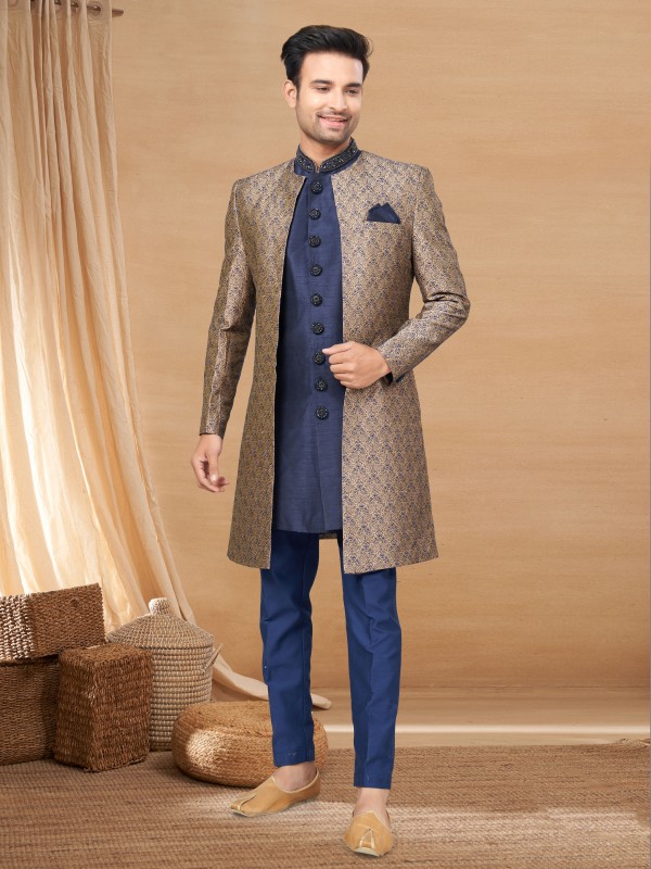 Pure Art Silk IndoWestern Ready Made Dress in Navy Blue Color with Embroidery work 