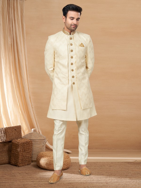 Pure Art Silk IndoWestern Ready Made Dress in Lemon Color with Embroidery work 