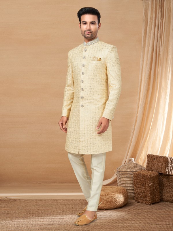 Lucknowi IndoWestern Ready Made Dress in Gold Color with Embroidery work 