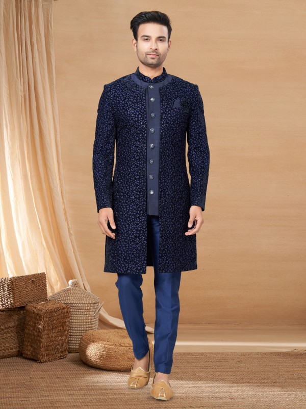Pure Art Silk IndoWestern Ready Made Dress in Navy Blue Color with Embroidery work 