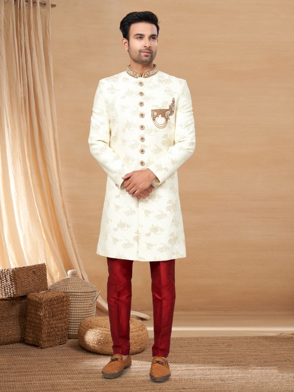 Jacquard IndoWestern Ready Made Dress in Cream Color with Handwork 