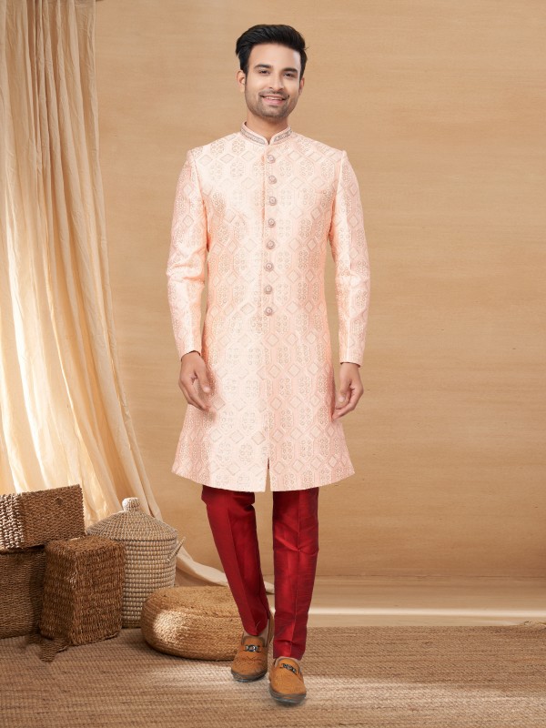 Lucknowi IndoWestern Ready Made Dress in Peach Color with Embroidery work 