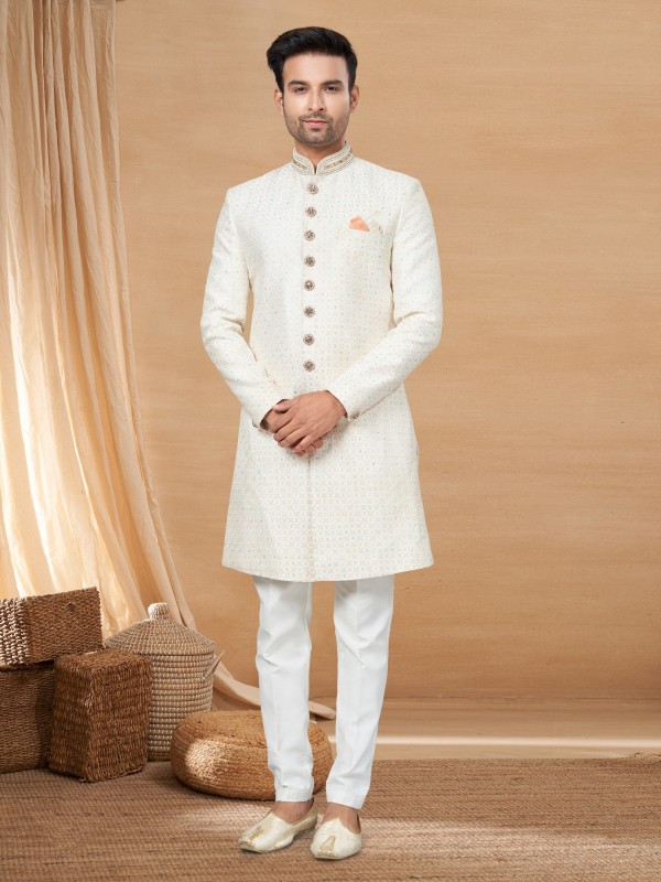 Lucknowi IndoWestern Ready Made Dress in Cream Color with Embroidery work 