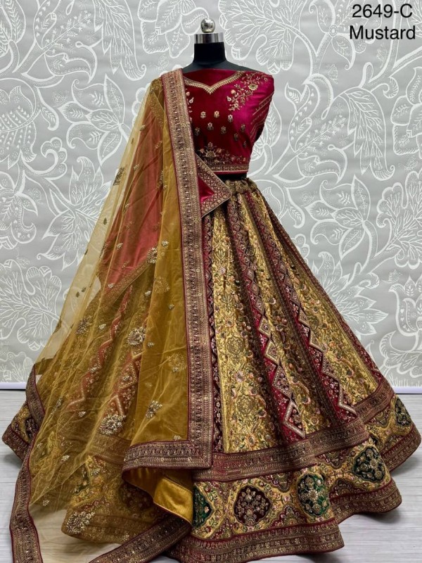 Pure Micro Velvet Wedding Wear Lehenga In Mustard Color With Embroidery Work