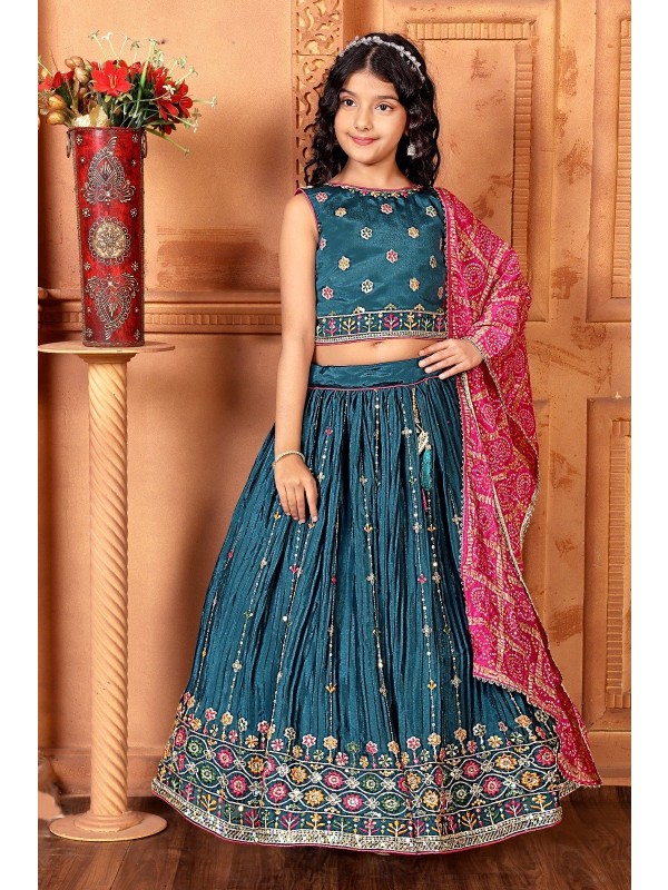 Pure Chinon Fabric Party Wear Kids Lehenga In Blue Color with Embroidery work 