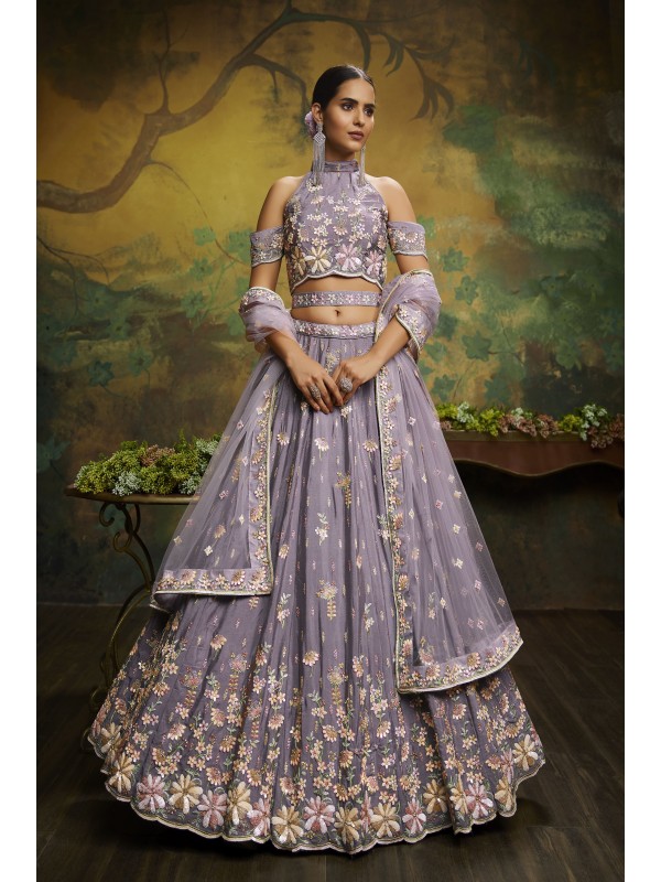 Pure Georgette Party Wear Wear Lehenga In Mauve Color With Embroidery Work 