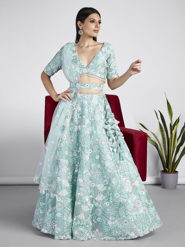 Pure Organza Silk Lehenga In Turquoise blue Color With Embroidery work , Zarkan & Sequence Work  