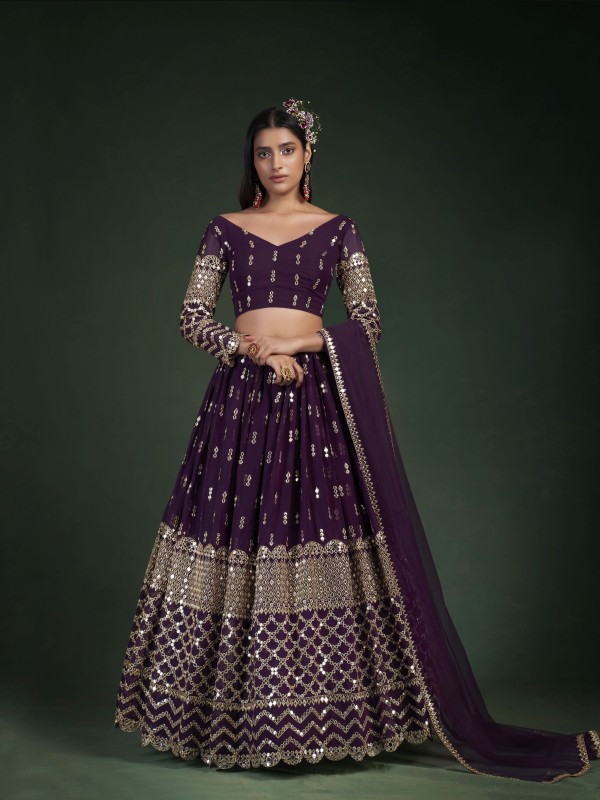  Georgette Fabrics Party Wear Lehenga in Violet Color With Embroidery  