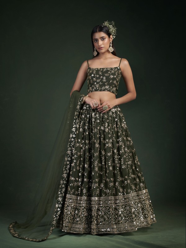  Georgette Fabrics Party Wear Lehenga in Green Color With Embroidery  