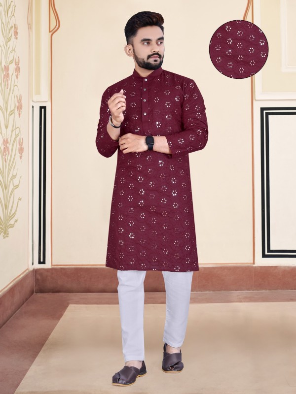 Soft Cotton Silk Readymade Kurta set in with Maroon Color Embroidery Work