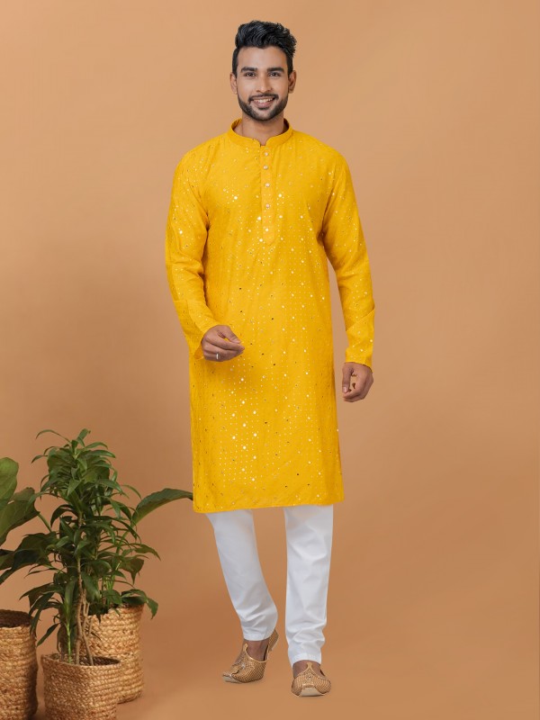 Viscose Cotton Silk Readymade Kurta set in Yellow color with Sequence Embroidery Work
