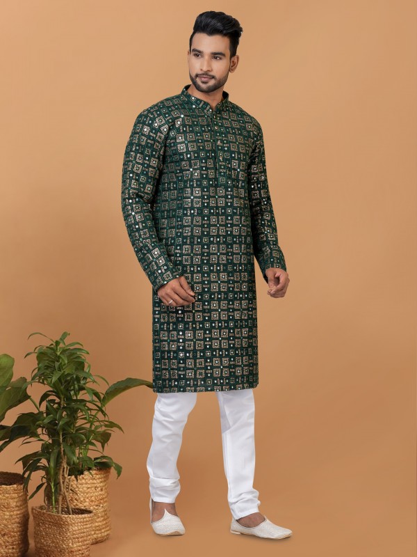 Georgette Cotton Silk Readymade Kurta set in Green color with Sequence Embroidery Work