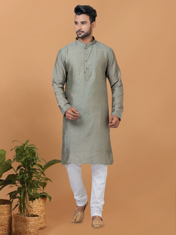 Viscose Cotton Silk Readymade Kurta set in Dull Green color with Sequence Embroidery Work