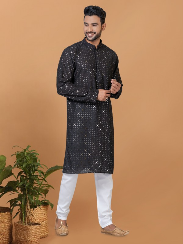Viscose Cotton Silk Readymade Kurta set in Black color with Sequence Embroidery Work