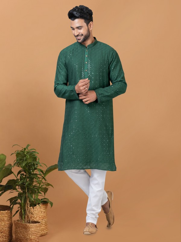 Viscose Cotton Silk Readymade Kurta set in Green color with Sequence Embroidery Work