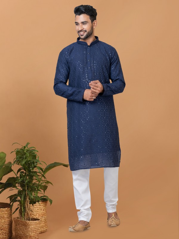Viscose Cotton Silk Readymade Kurta set in Navy Blue color with Sequence Embroidery Work