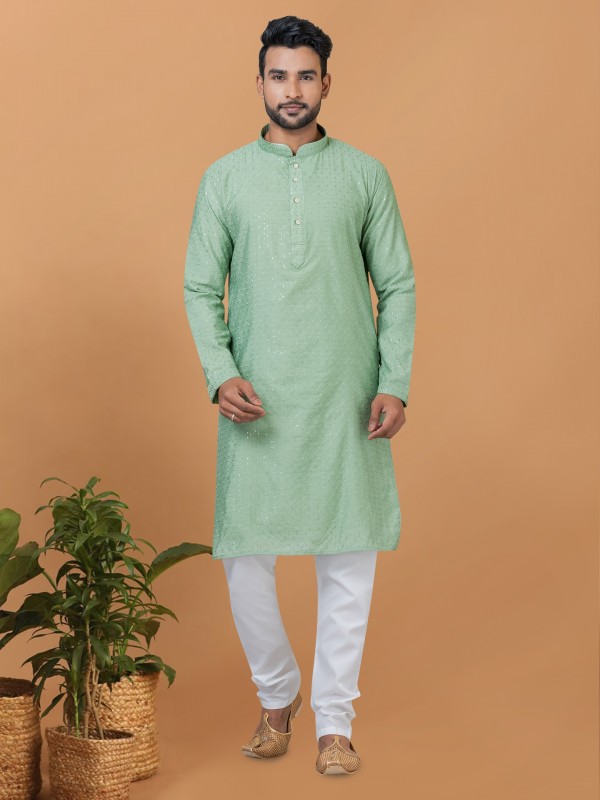 Viscose Cotton Silk Readymade Kurta set in Pista color with Sequence Embroidery Work