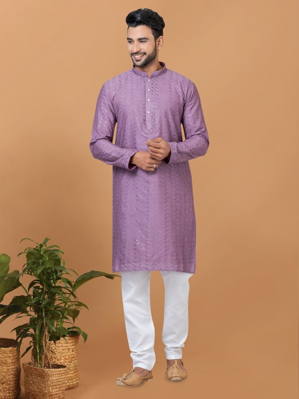 Viscose Cotton Silk Readymade Kurta set in Lavender color with Sequence Embroidery Work
