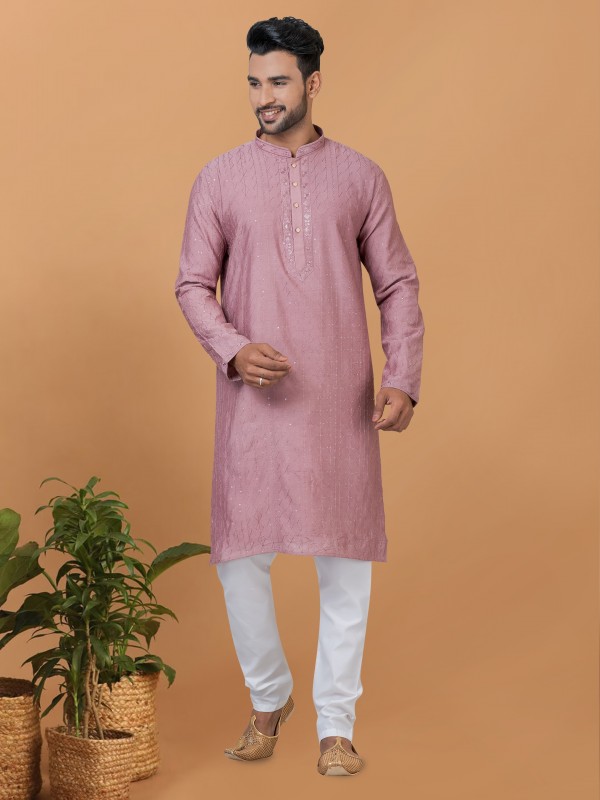 Viscose Cotton Silk Readymade Kurta set in Light Mauve color with Sequence Embroidery Work