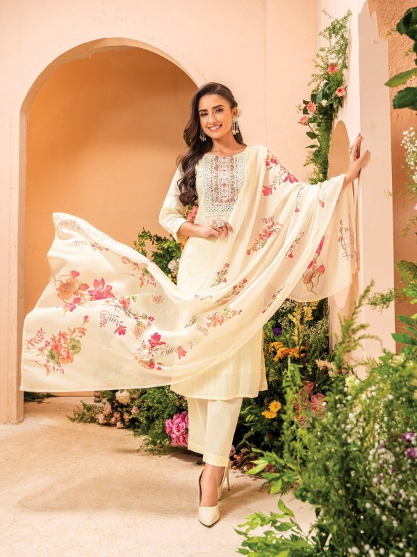 Pure Viscose Silk Casual Wear Suit In White Color With Embroidery Work 