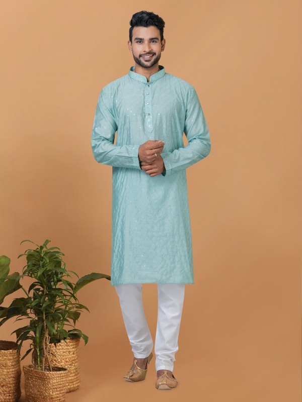 Viscose Cotton Silk Readymade Kurta set in Sky Blue color with Sequence Embroidery Work