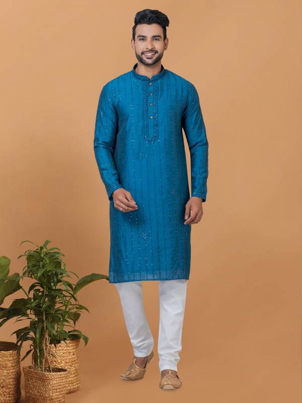 Viscose Cotton Silk Readymade Kurta set in Teal Blue color with Sequence Embroidery Work