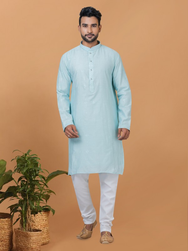 Viscose Cotton Silk Readymade Kurta set in Sky Blue color with Sequence Embroidery Work