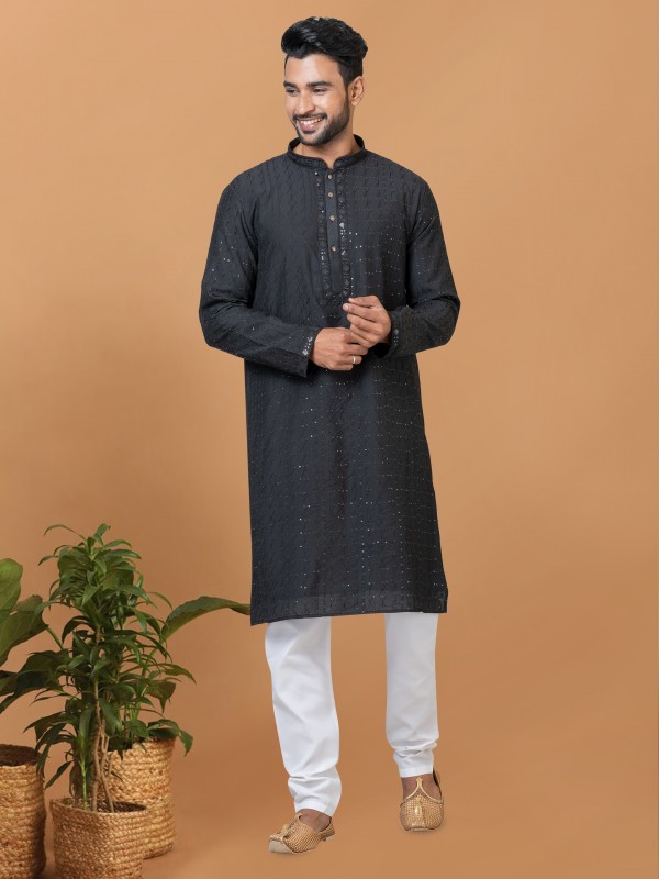 Viscose Cotton Silk Readymade Kurta set in Black color with Sequence Embroidery Work