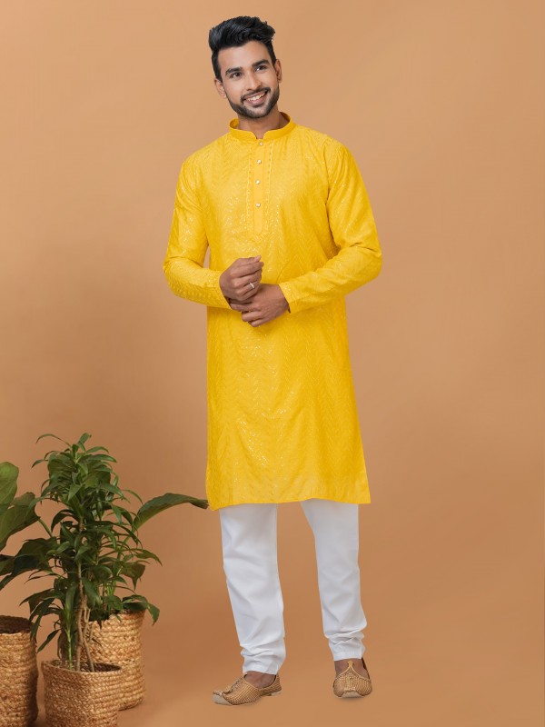 Viscose Cotton Silk Readymade Kurta set in Yellow color with Sequence Embroidery Work