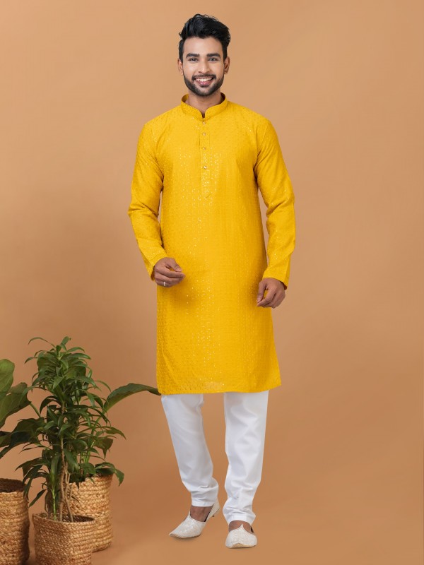 Viscose Cotton Silk Readymade Kurta set in Mustard color with Sequence Embroidery Work