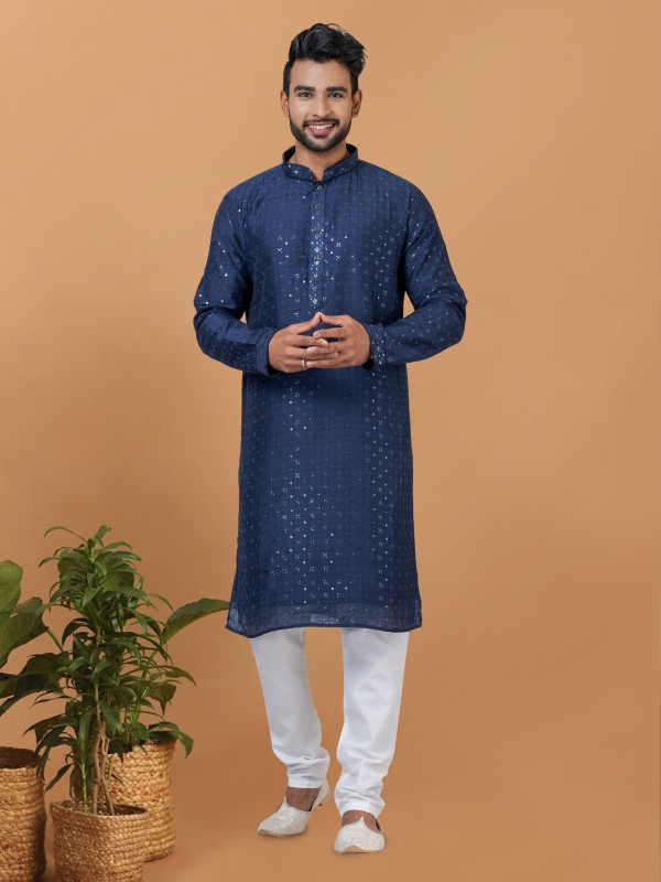 Viscose Cotton Silk Readymade Kurta set in Navy Blue with Sequence Embroidery Work
