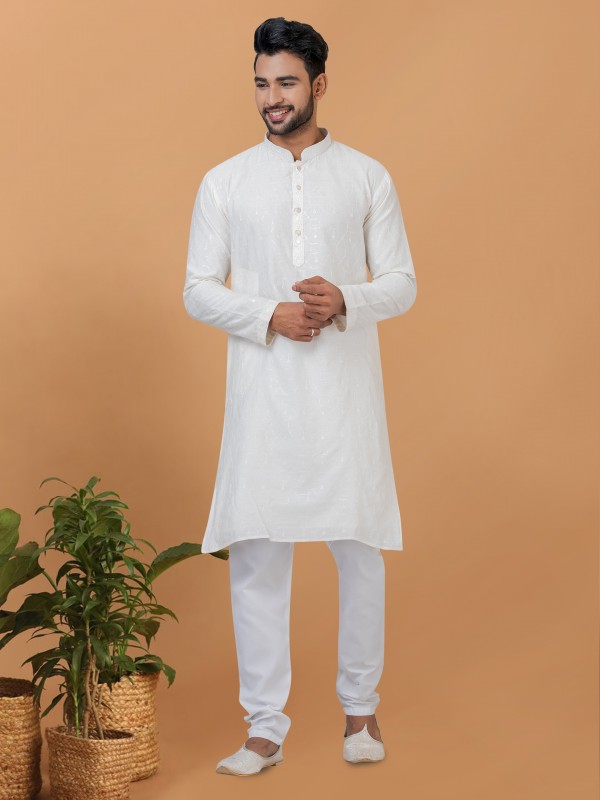 Viscose Cotton Silk Readymade Kurta set in White with Sequence Embroidery Work