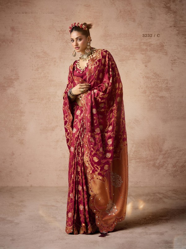 Kadwa Kasab Silk Party wear Saree In Maroon Color with Swaroskvi Work 