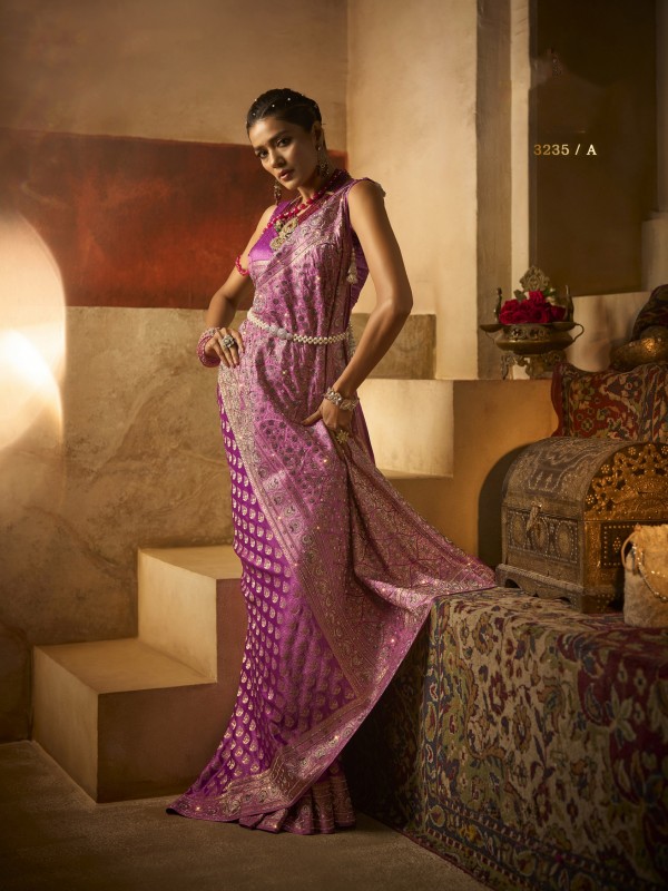 Kadwa Kasab Silk Party wear Saree In Purple Color with Swaroskvi Work 