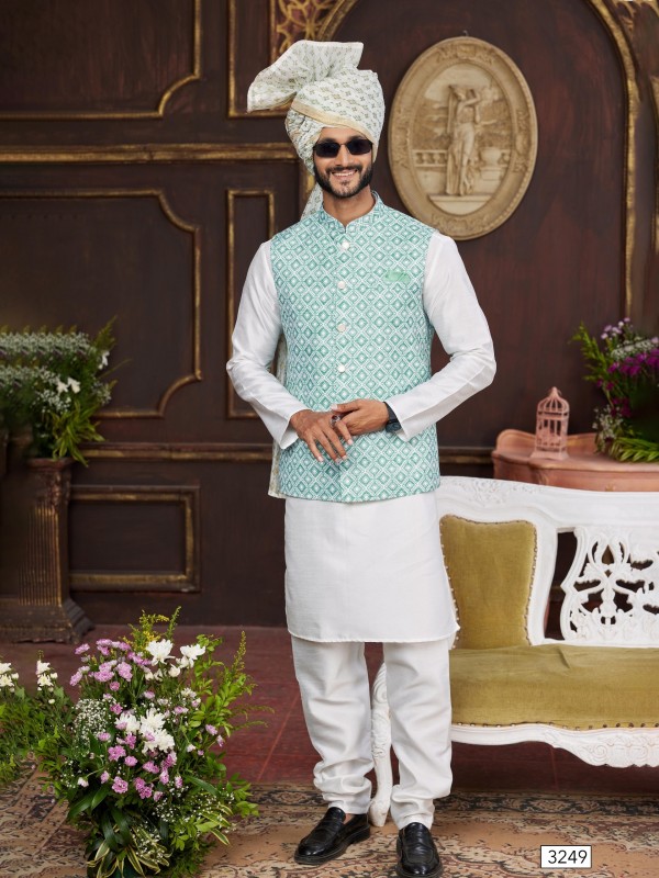 Art Silk Digital Print Readymade Koti Kurta in Green & Off White Color  