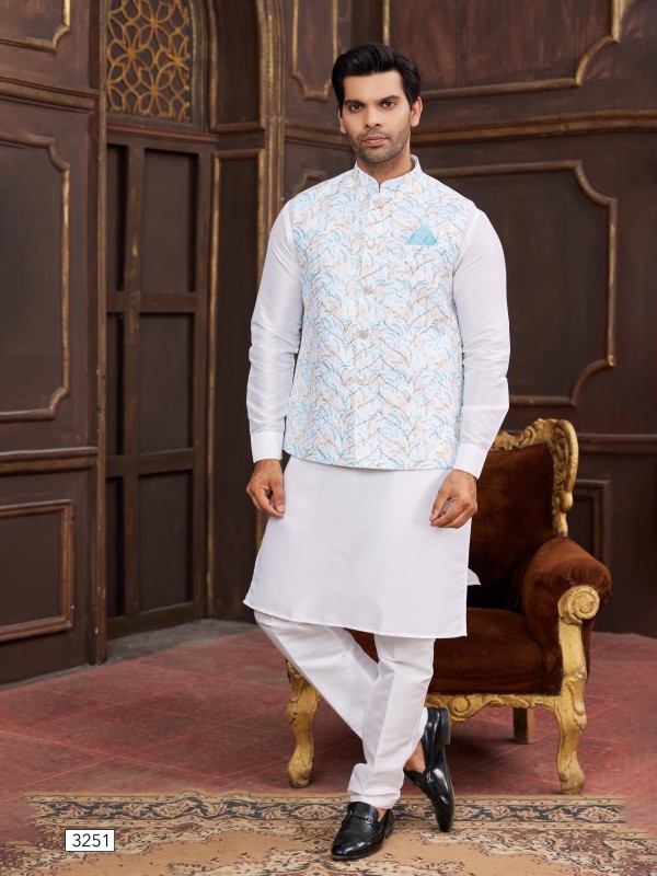 Art Silk Digital Print Readymade Koti Kurta in Blue & Off White Color  