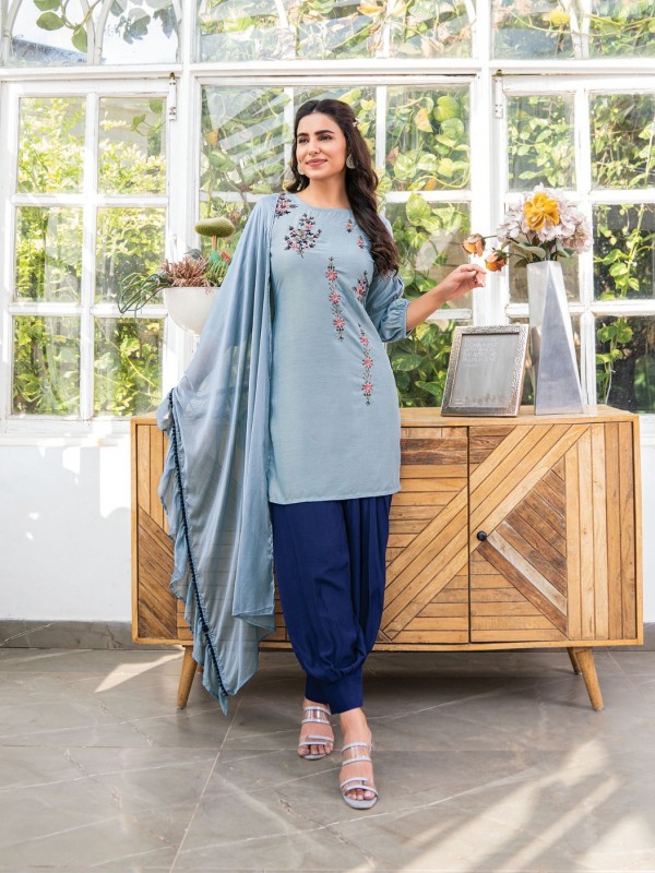 Pure Bemberg Silk Party Wear Suit In Sky Blue Color With Embroidery