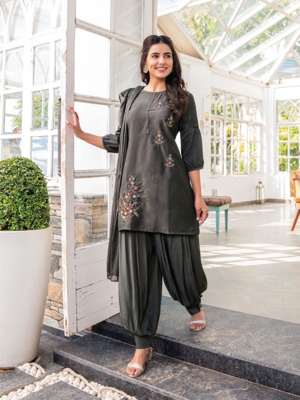 Pure Bemberg Silk Party Wear Suit In Black Grey Color With Embroidery